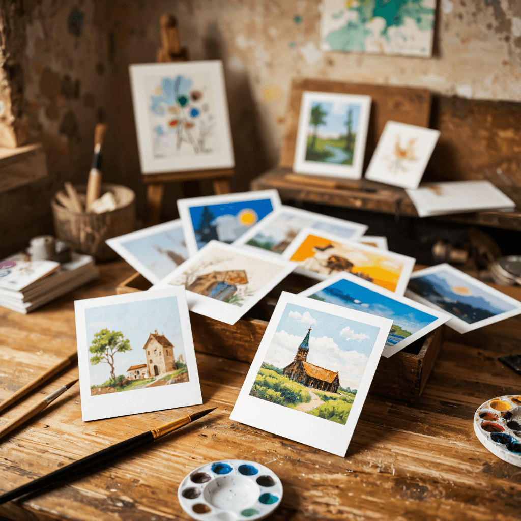 product photography of set of art postcards