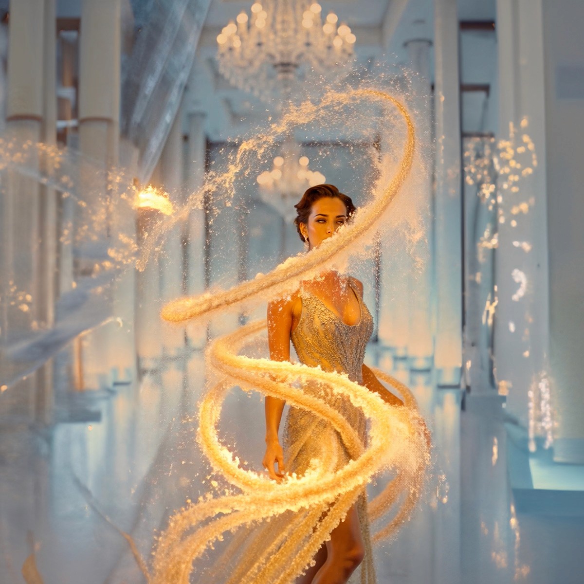 Eine elegant gekleidete Frau steht in einem hell erleuchteten Saal, umgeben von goldenen, funkelnden Lichtwirbeln, die sich spiralförmig um sie bewegen.