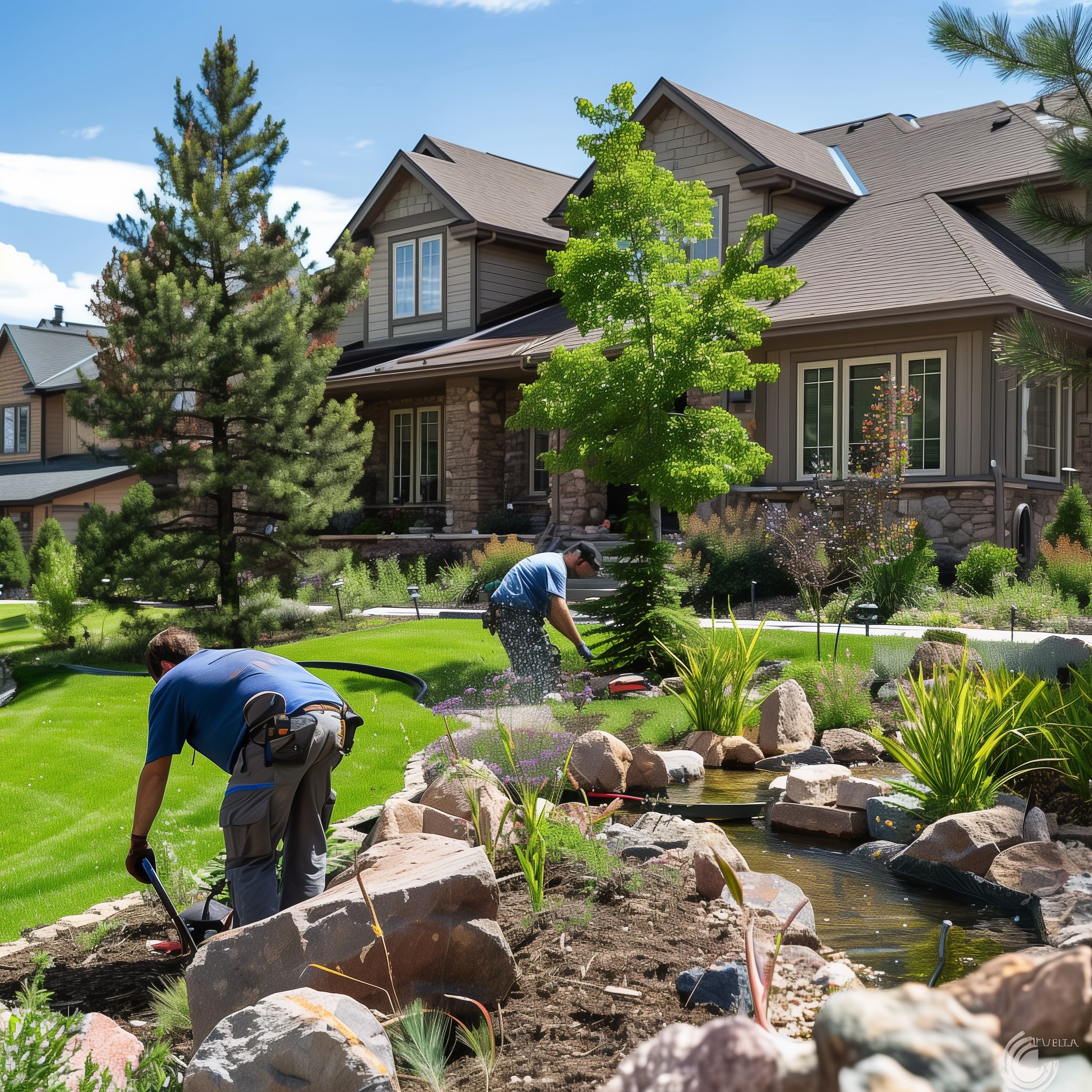 landscaping team renovating a front yard in a Colorado neighborhood with a small pond and waterfall with rocks around it