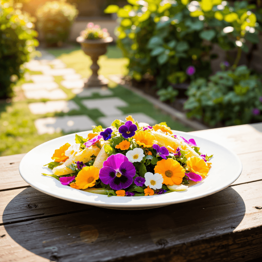 product photography of a plate of gourmet vegetables and edible flowers