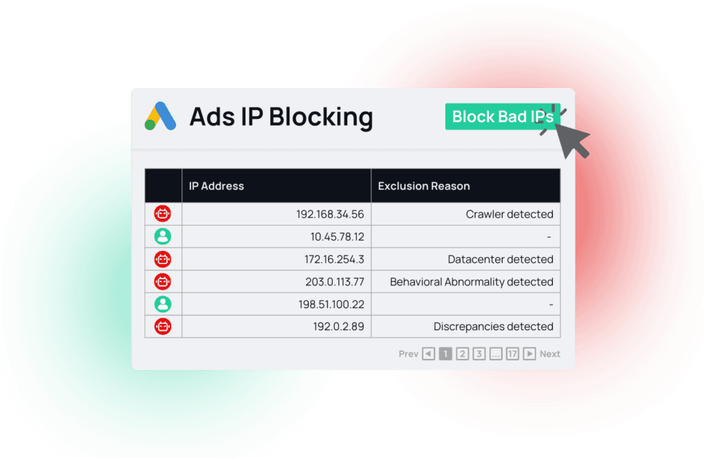 Mockup showcasing a scanned IP adresses with the option to block bots in your Google Ads account.