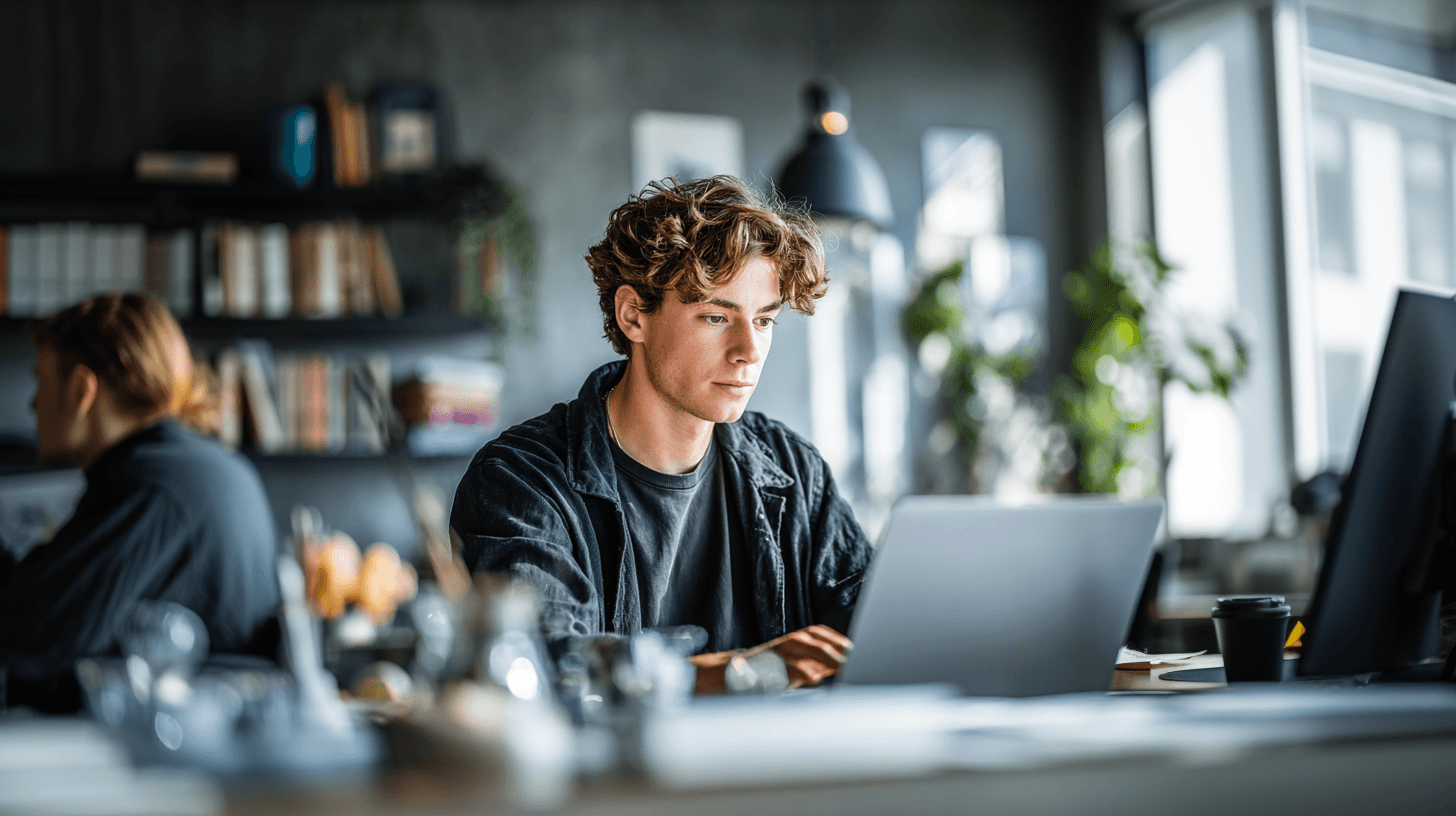 Man focused working on his laptop in the office