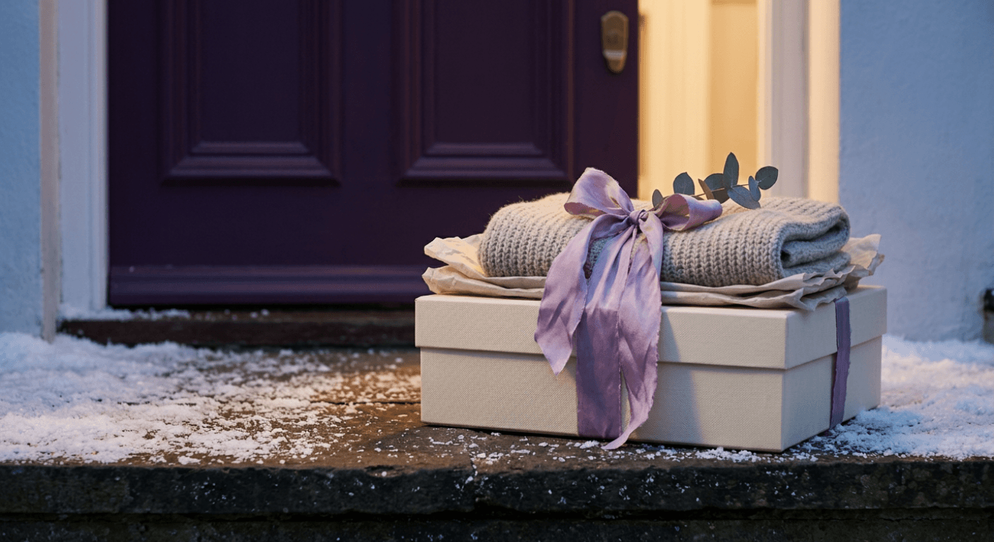 Wrapped fashion gift parcel with a lilac ribbon on a snowy doorstep at dusk
