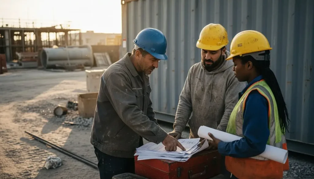 Operai e capo cantiere si confrontano sulle modalità di lavoro.