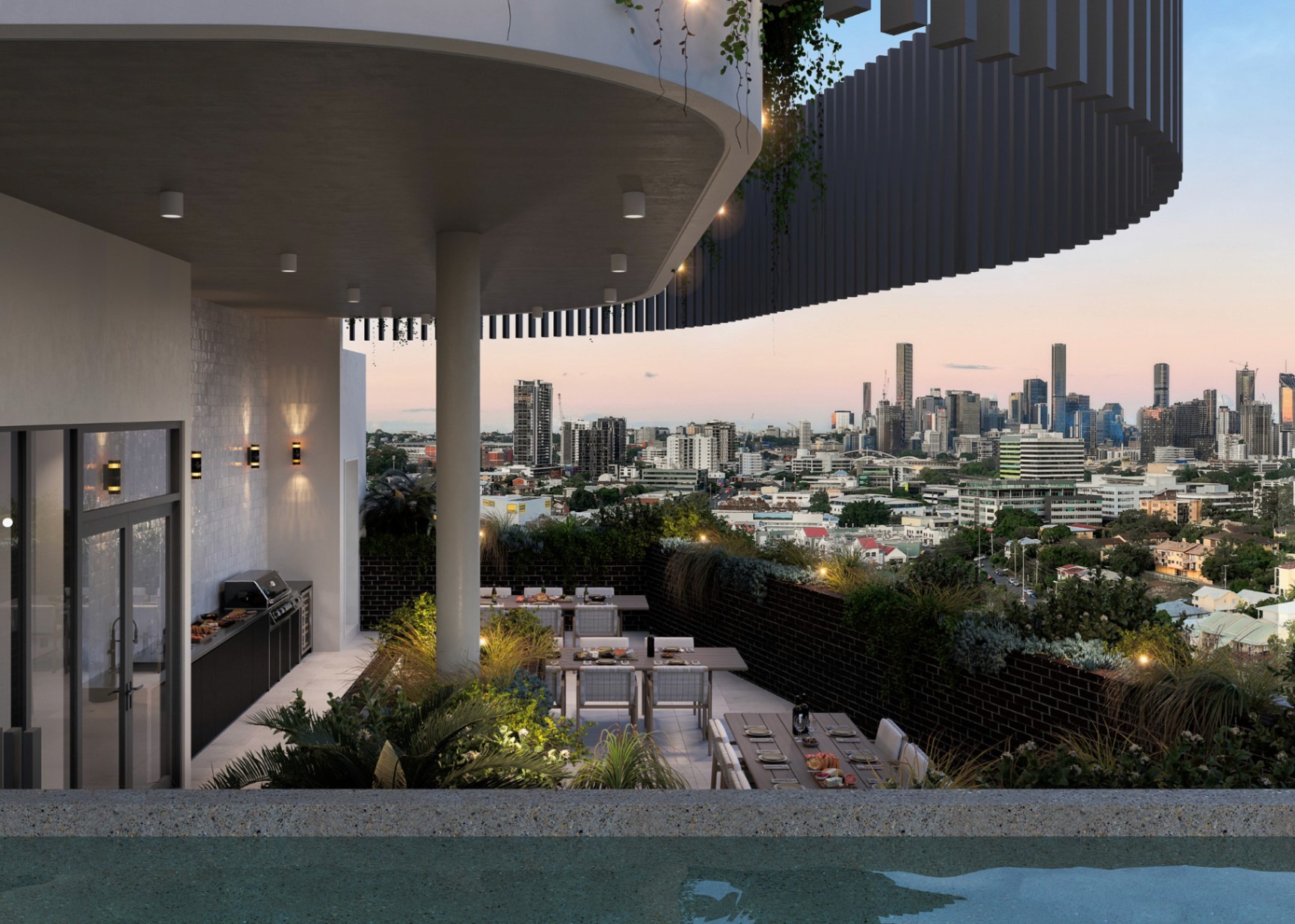Rooftop dining and entertaining area at The Adler Brisbane with city skyline views, featuring off-the-plan apartments available via Coposit with a $10k deposit.