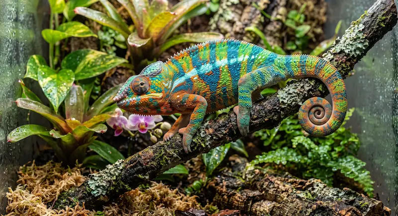 A vibrantly colored chameleon perches on a moss-covered branch, surrounded by lush tropical plants and orchids, showcasing the natural beauty often seen at reptile exhibitions like Repticon at Palmetto, FL.