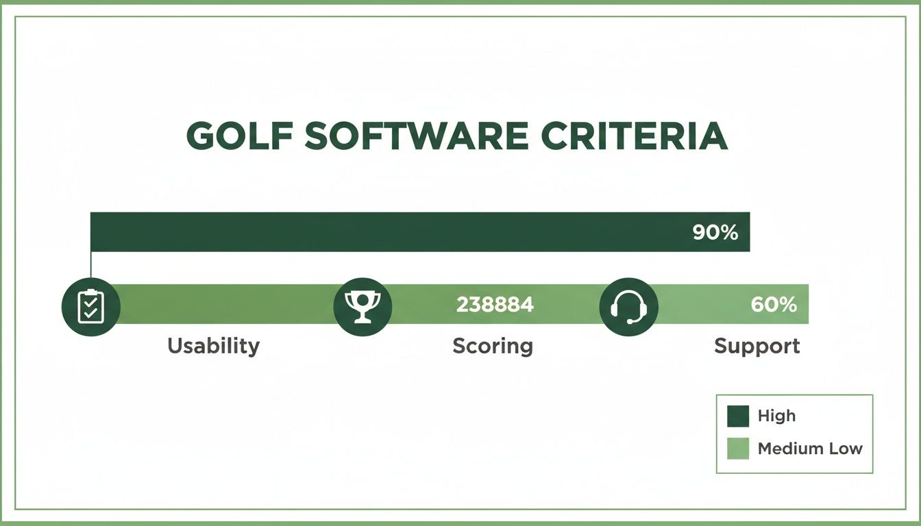 Bar chart displaying golf software criteria: usability 90% (High), scoring 238884 (Medium Low), and support 60% (Medium Low).