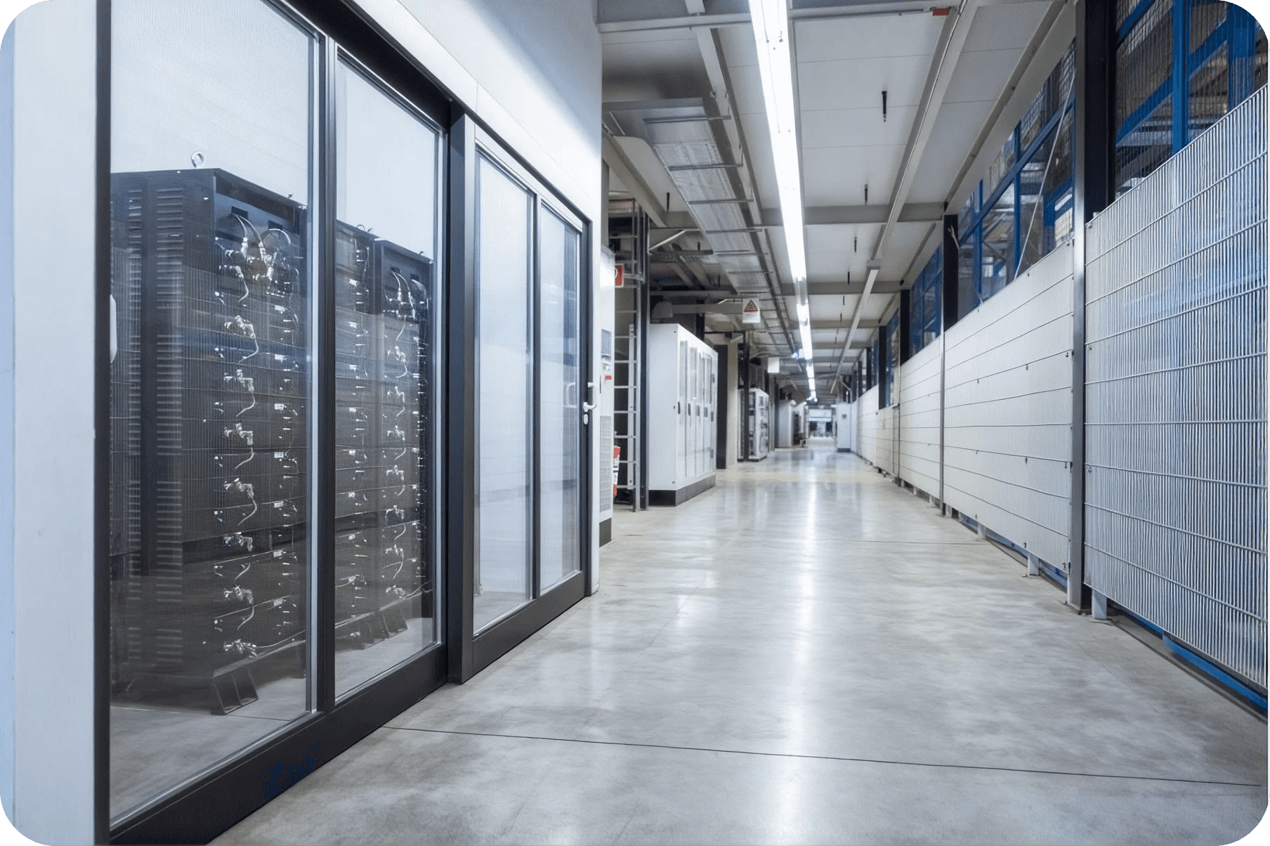 Technikgang in einer Batteriespeicher-Anlage mit Schaltschränken und verkabelten Speichermodulen hinter Glas