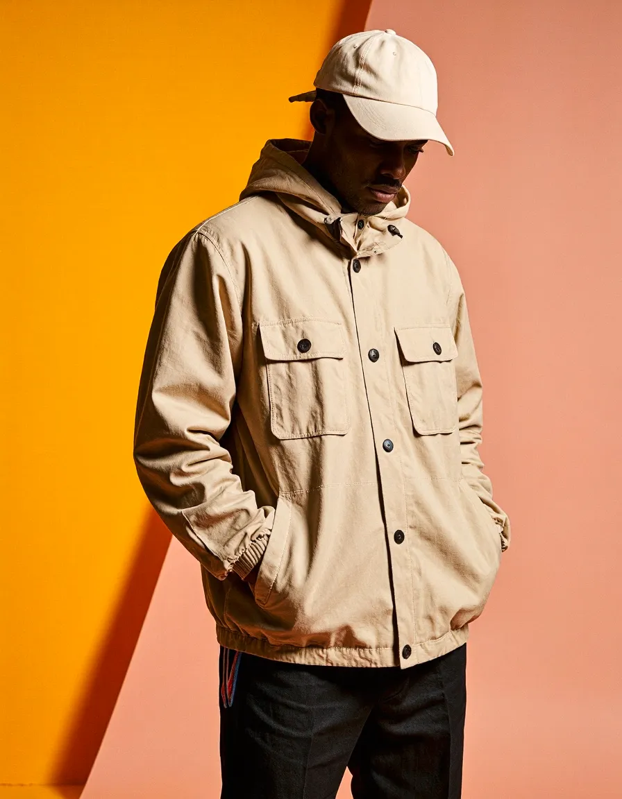 Man in beige jacket and white cap against vibrant orange and pink studio background for fashion catalogue photography