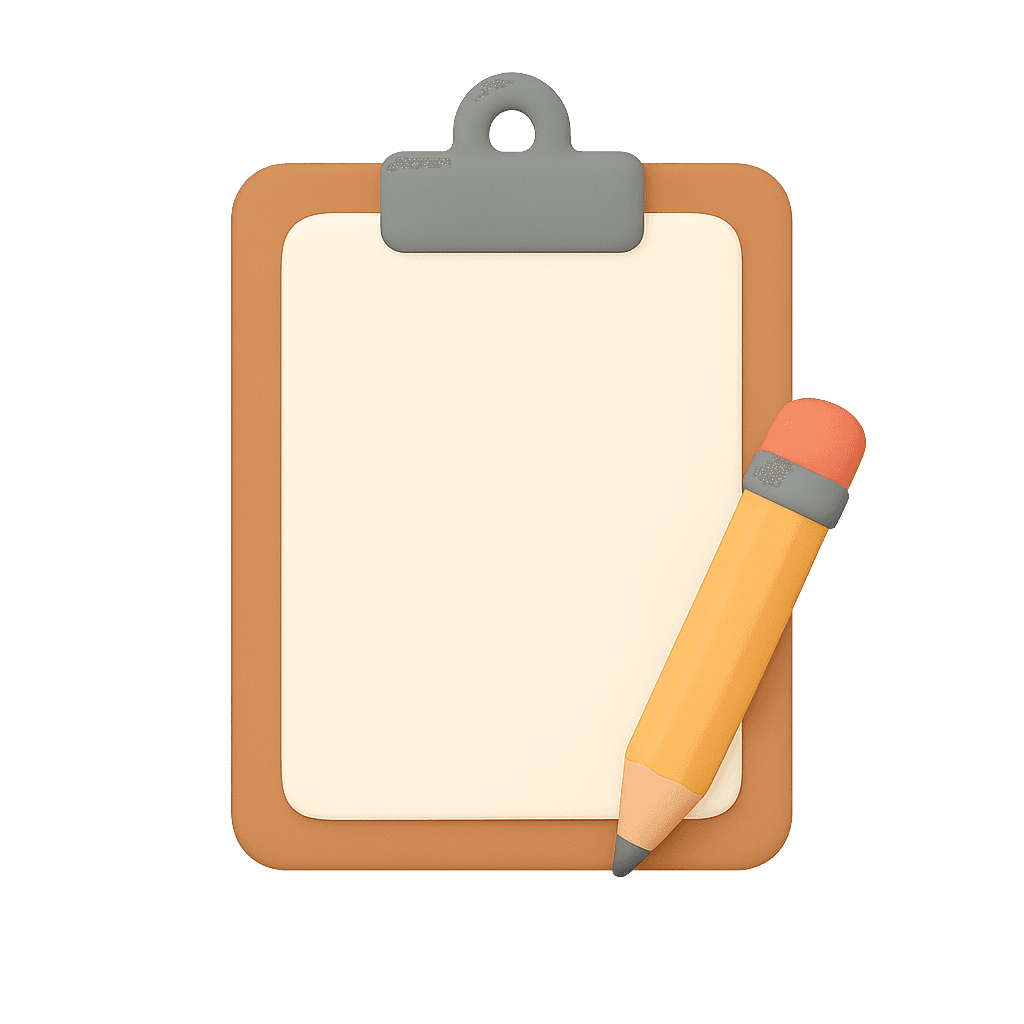 A clipboard with a blank paper and a pencil resting beside it, ready for notes or reminders.