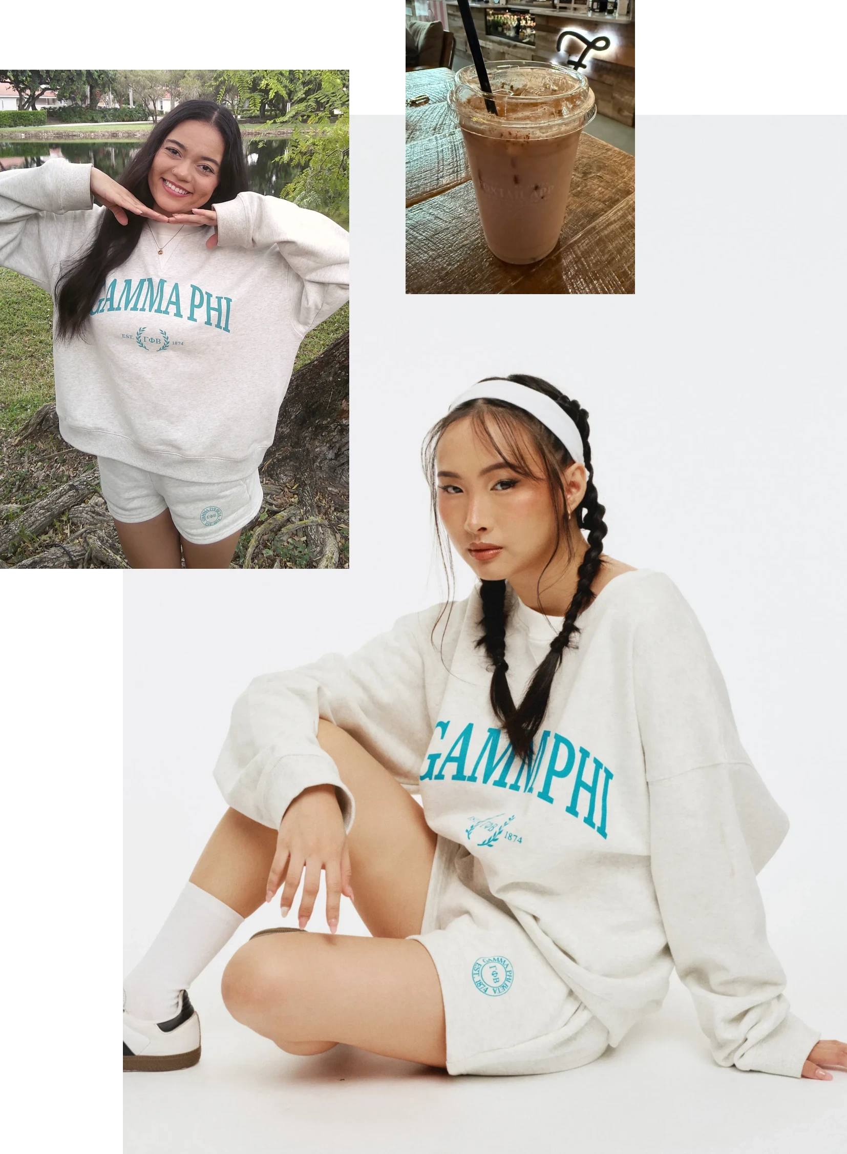 Photos of girls wearing a cream “GAMMA PHI” sweatshirt with teal lettering and matching shorts with a small circular crest.