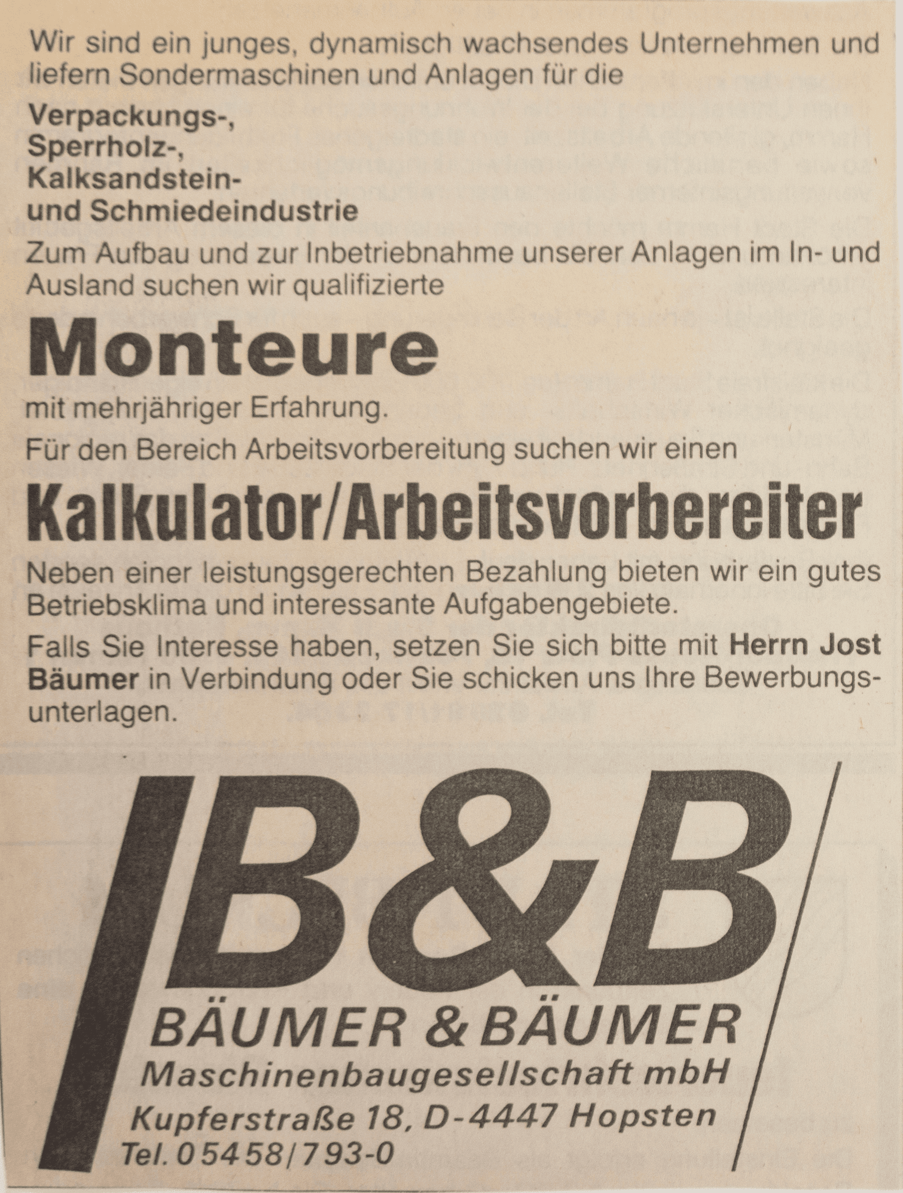 Stellenanzeige B&B: Monteure, Kalkulator/Arbeitsvorbereiter gesucht. Maschinenbau in Hopsten.