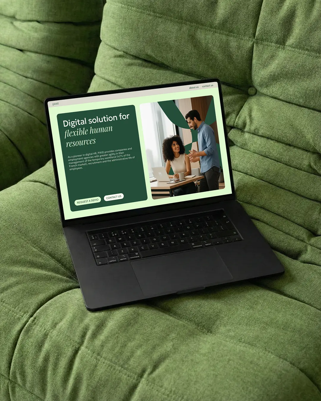 Pixid digital mockups — laptop showing landing page website, brand application