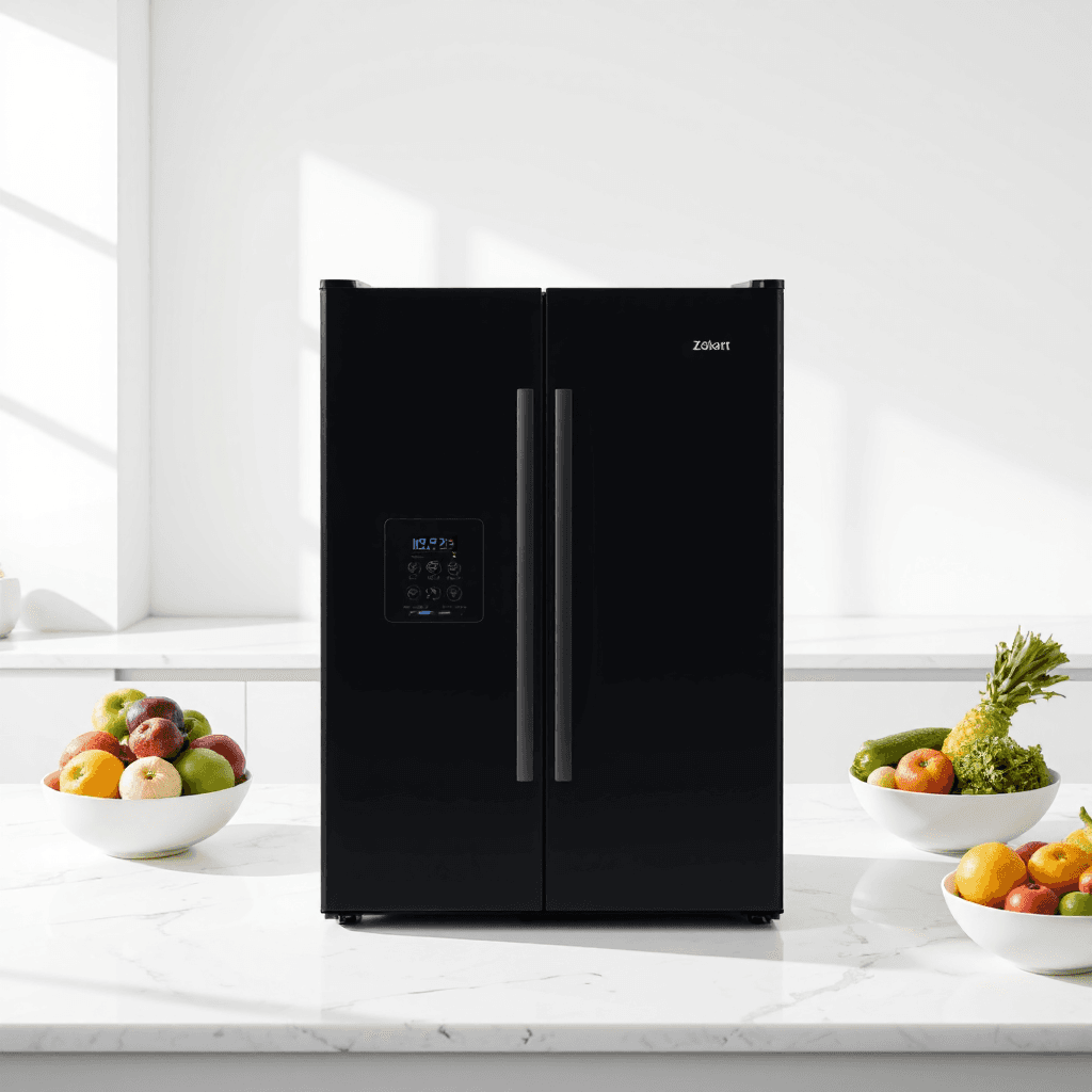 product photography of a compact refrigerator with dual doors for food storage