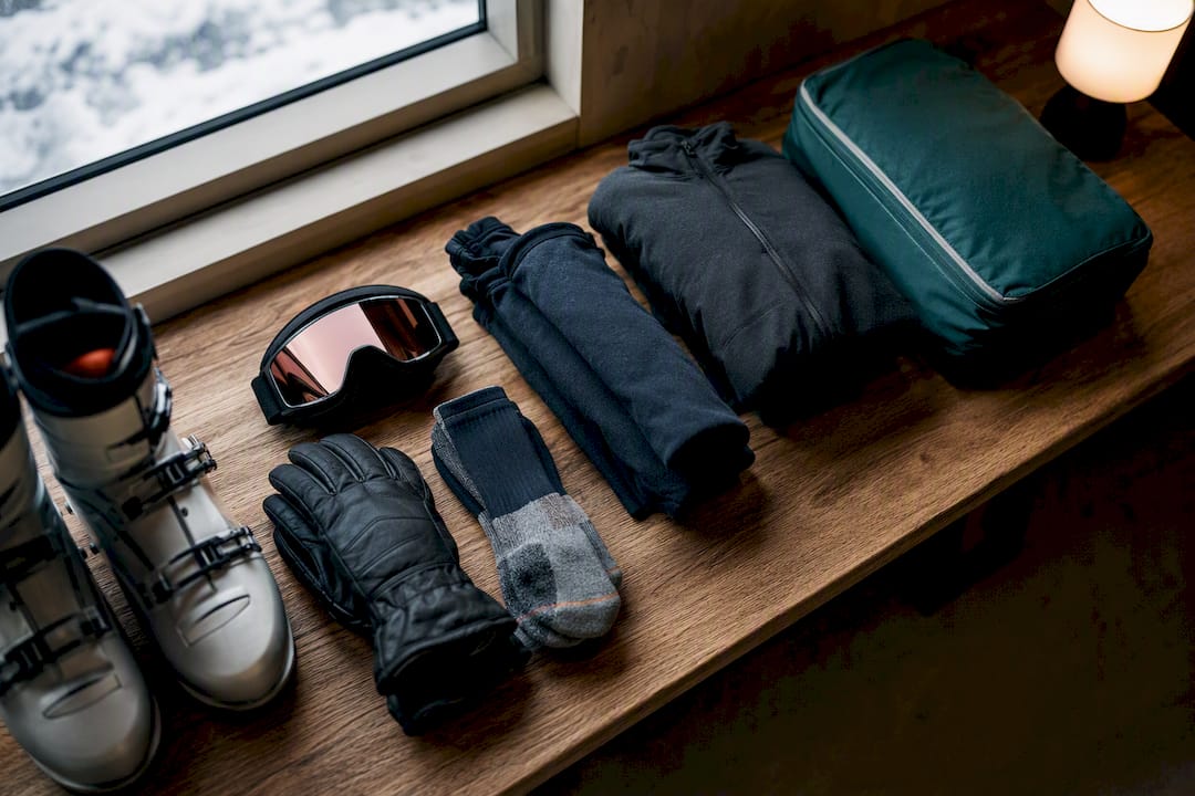 Ski boots, goggles, gloves and clothing arranged for a ski trip