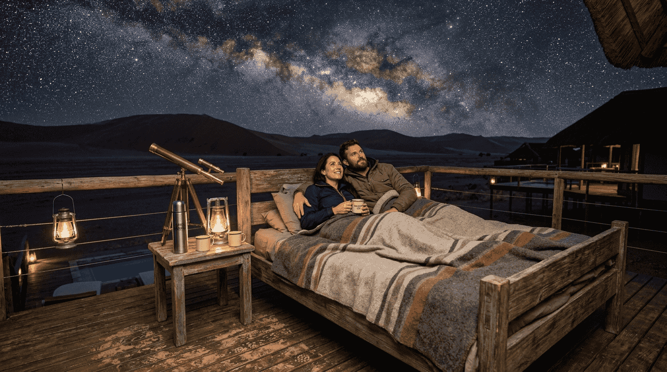 Luxury travelers stargazing from desert star bed