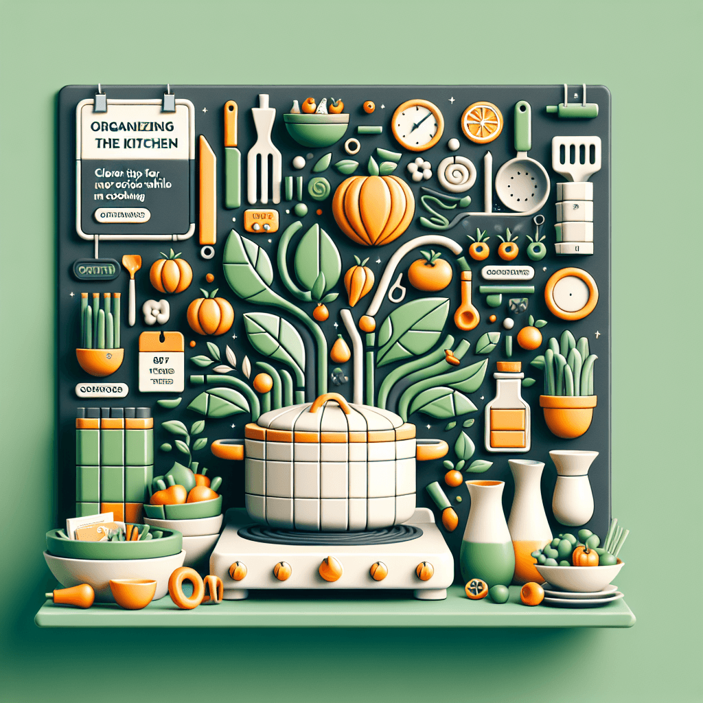 Illustration einer stilisierten Küchenwand mit Regalen, Pflanzen und einem Kochtopf auf dem Herd. Kleine Symbole für Ordnung, Kategorien und Tipps ergänzen das Bild – perfekt zur Darstellung von Küchenorganisation, Meal Prep oder Ordnungssystemen.