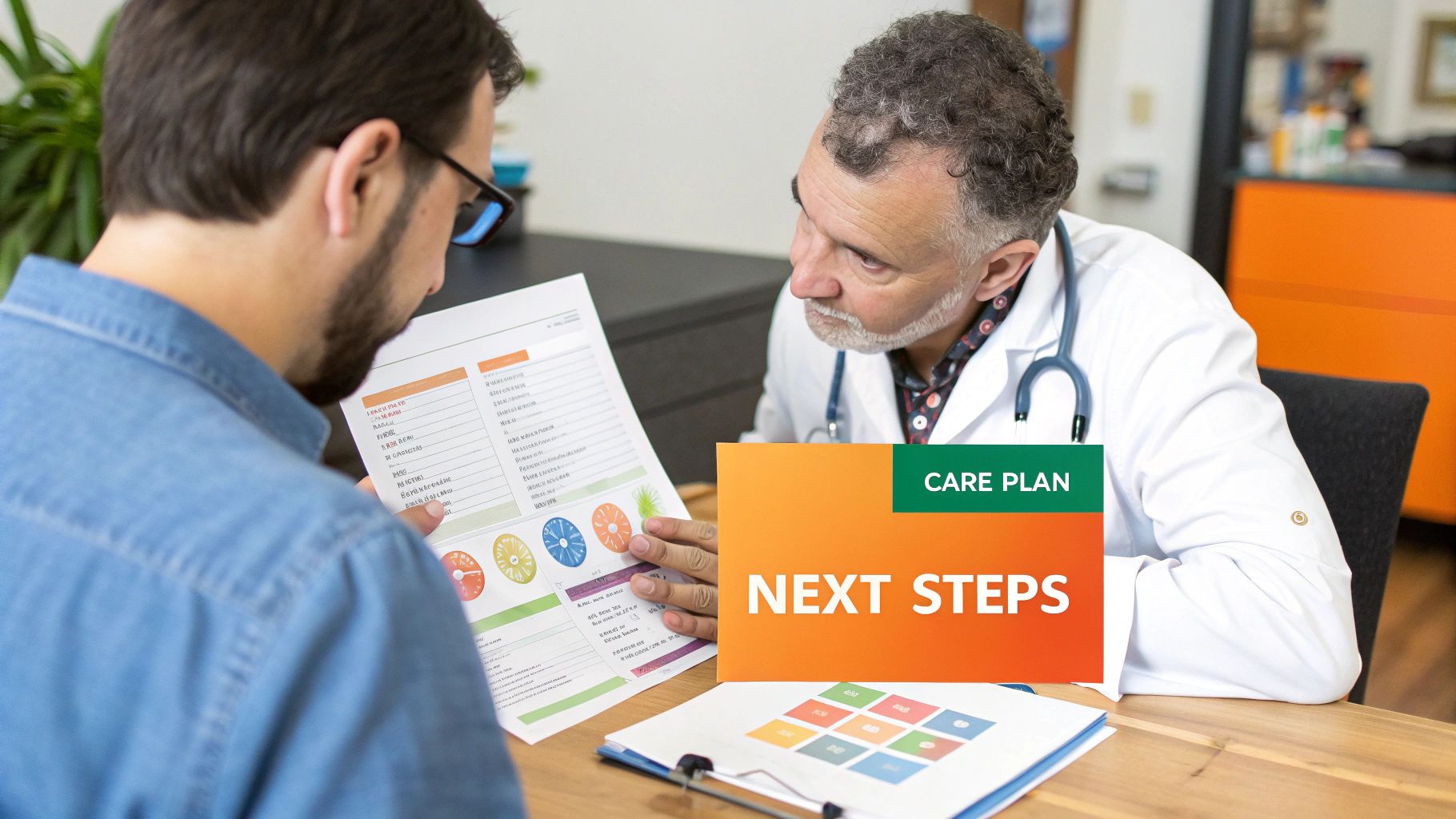 A doctor and patient discuss a care plan and next steps, reviewing medical documents.