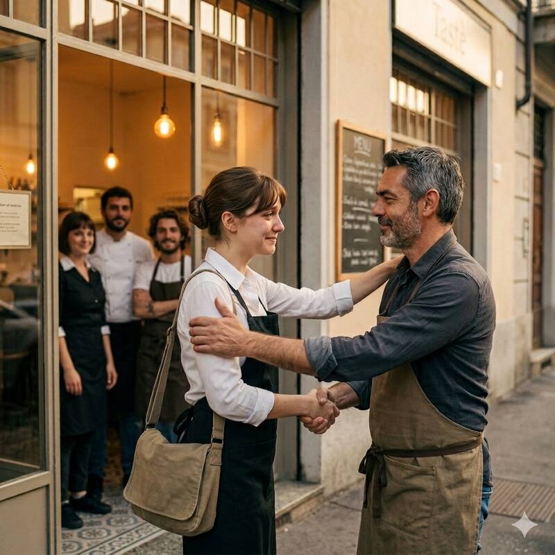 Ginevra saluta Alberto davanti al bistrot, il team osserva dalla vetrina