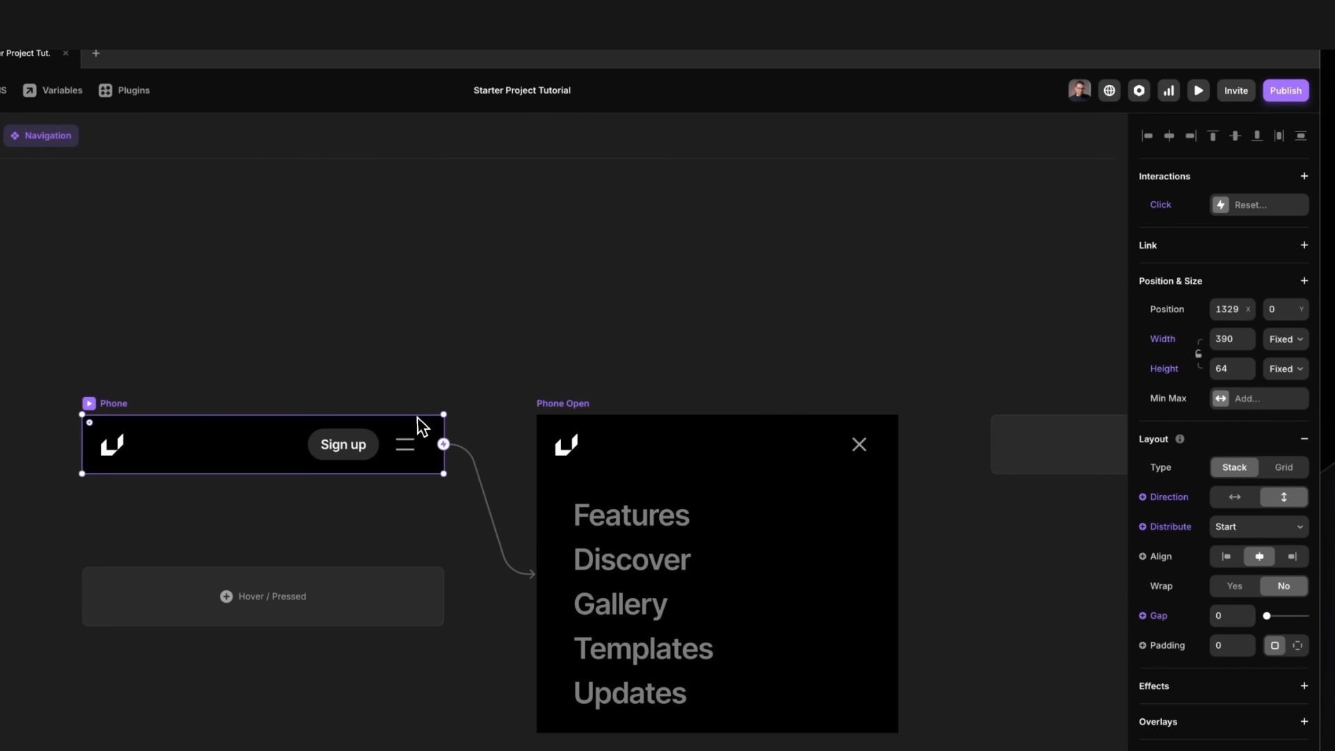 Design interface showcasing a navigation menu with a 'Sign up' button, and layout adjustment tools on a dark theme editor