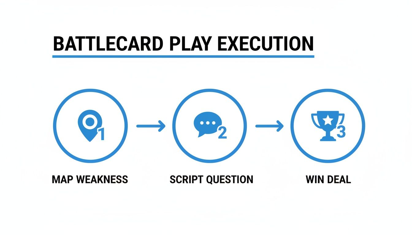 A three-step process for battlecard play execution: map weakness, script question, win deal.