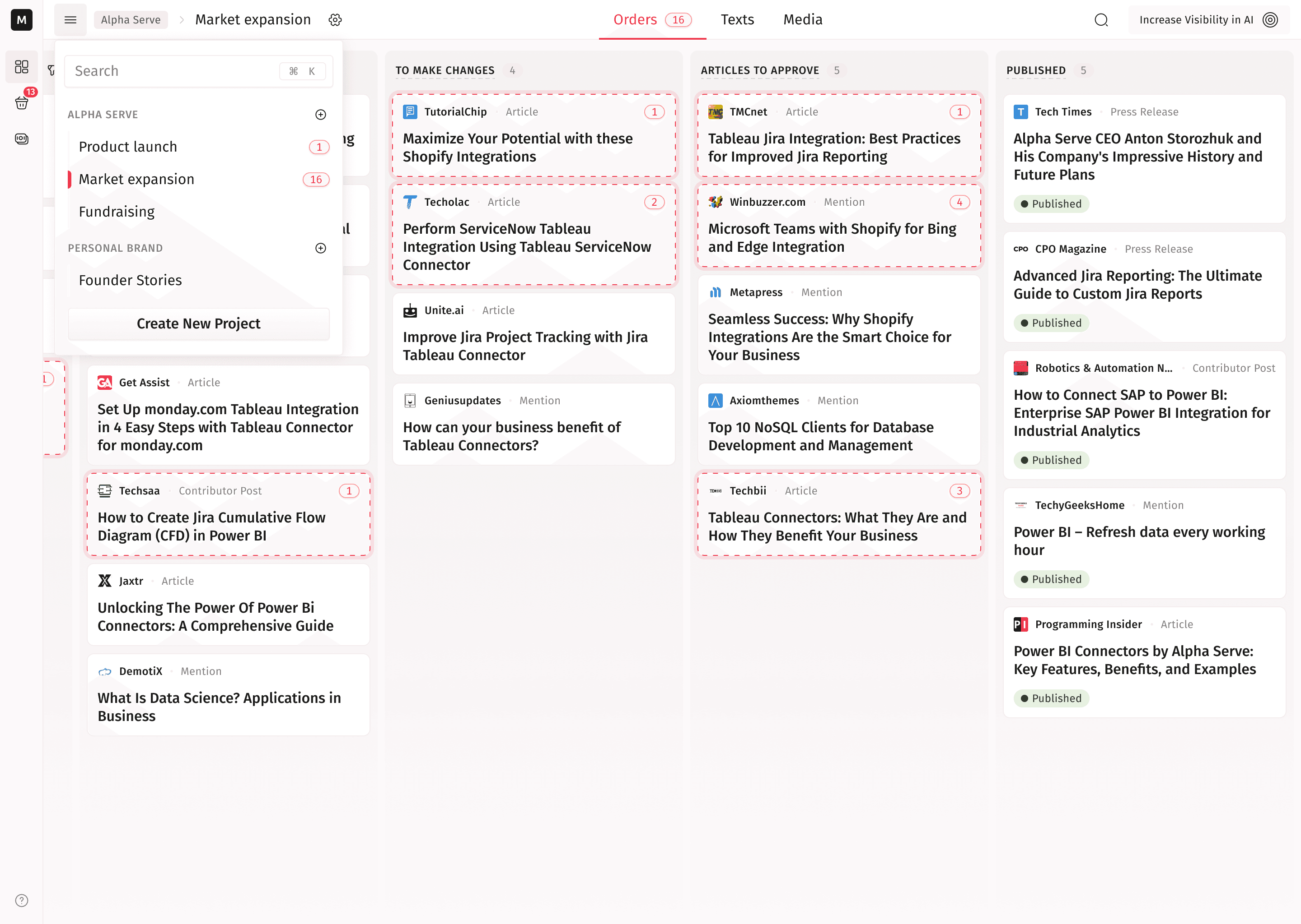 The campaign board interface with placement orders