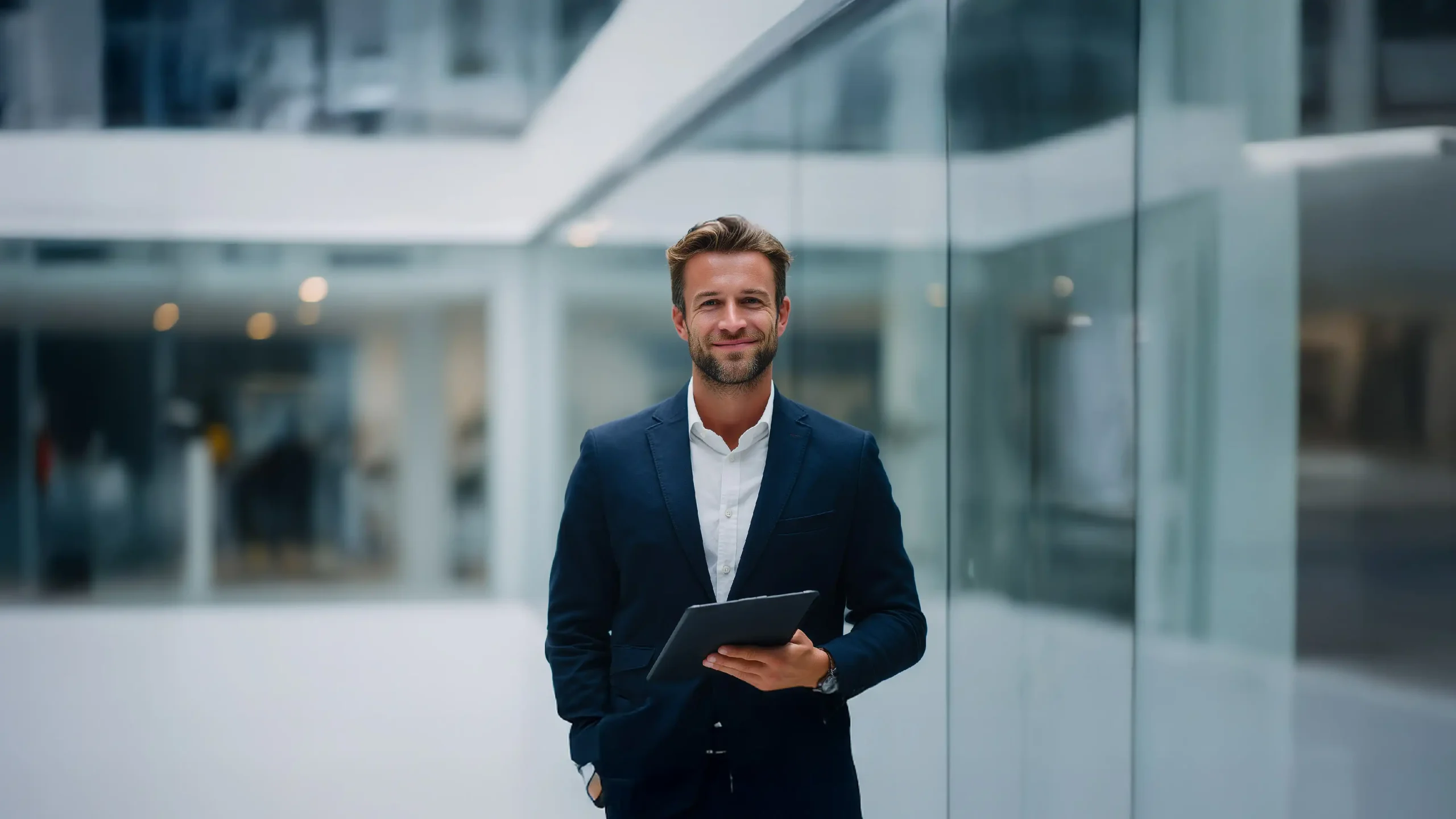 A professional man in a suit stands confidently in a modern glass building, holding a phone.
