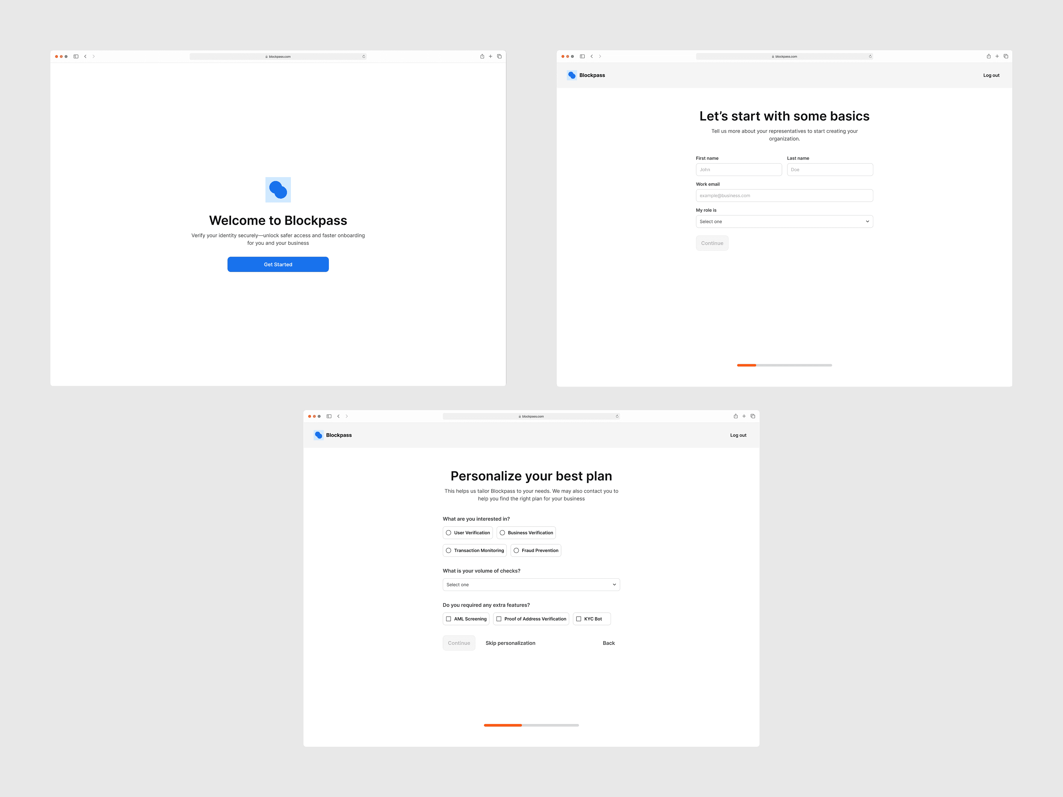 Blockpass onboarding flow with welcome screen, basic info form, and plan personalization questions.