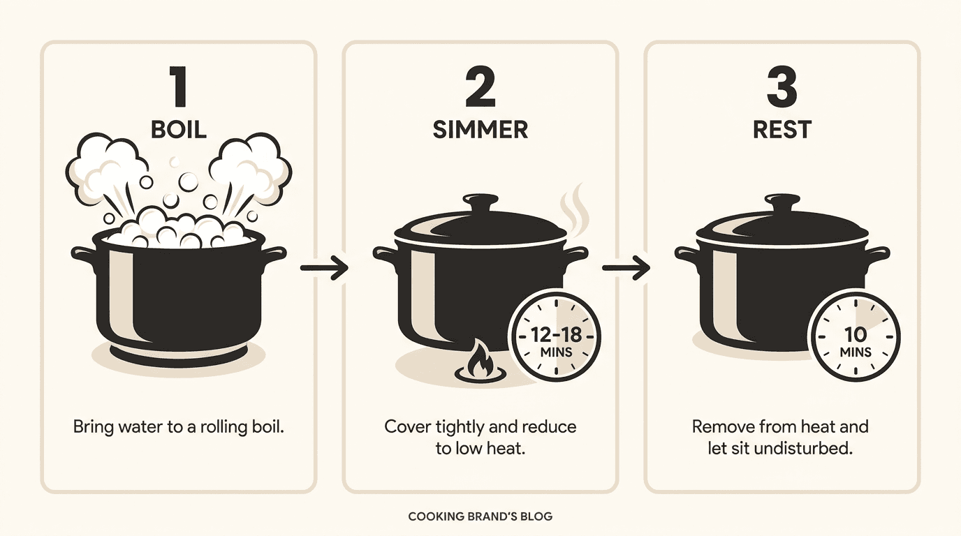 Step-by-step infographic showing three stages of stovetop rice cooking: boil, simmer, rest