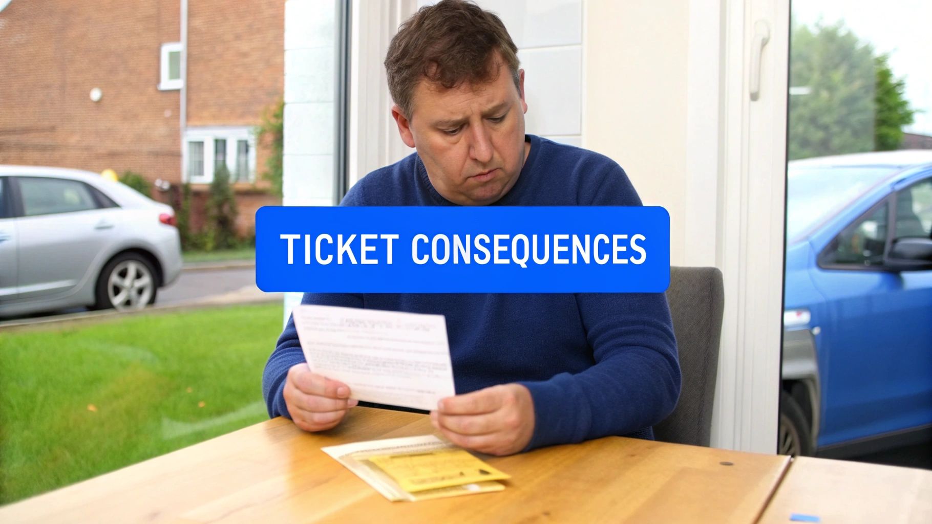 A worried man reads a document titled 'TICKET CONSEQUENCES' at a table, with papers nearby.