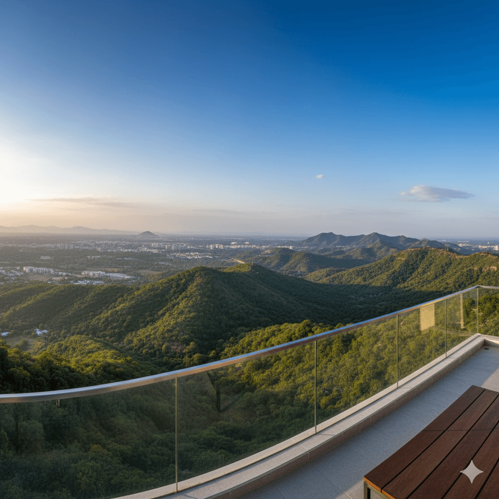 Breathtaking panoramic view of the green Aravalli Hills from an observatory deck, Gurgaon