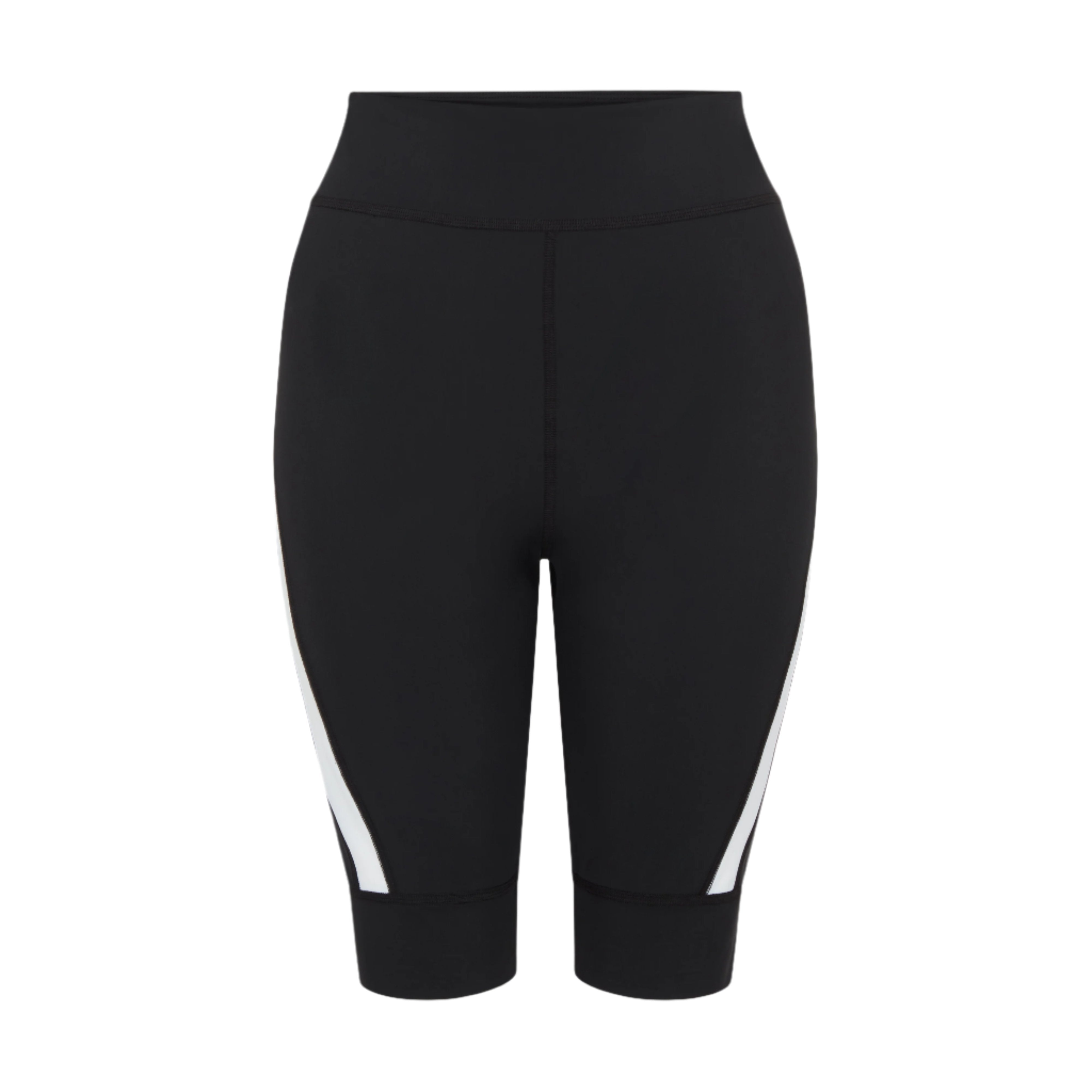 Product-shot-of-black-high-waisted biker-shorts-displayed-against-a- white-background-The-shorts- feature-a-distinctive-white-diagonal- stripe-accent-on-the-lower-sides-of- both-legs-Focus-on-women's-black- biker-shorts-high-waist-cycling- shorts-athletic-workout-gear-and- cycling-shorts