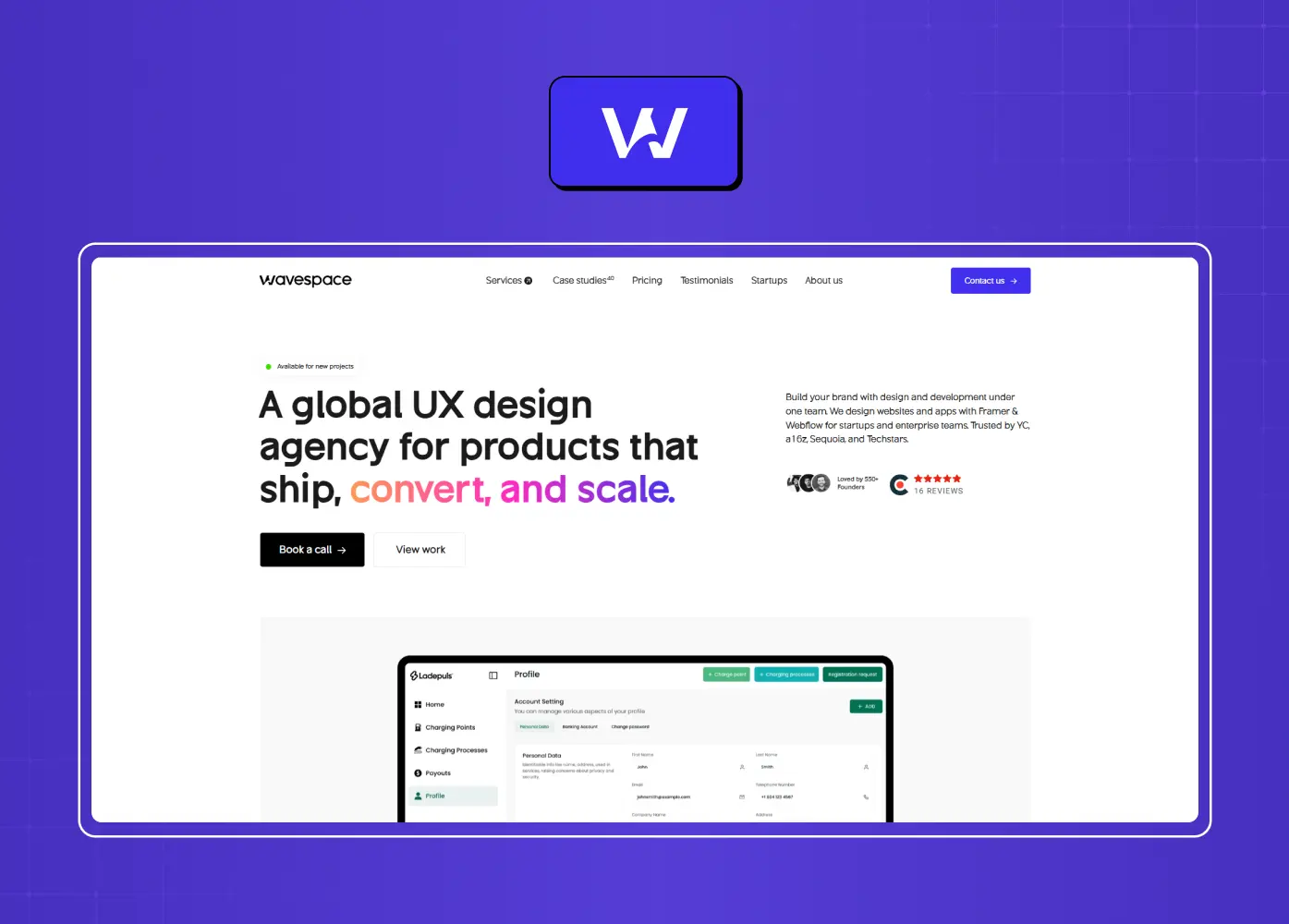 Landing page for Wavespace showcasing UX design services with a minimal layout, bold headline, client logos, and product interface preview.