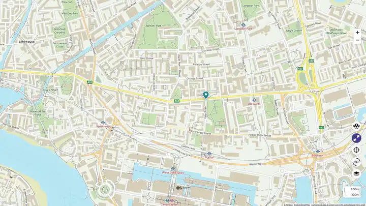 City map showing streets, parks and river.