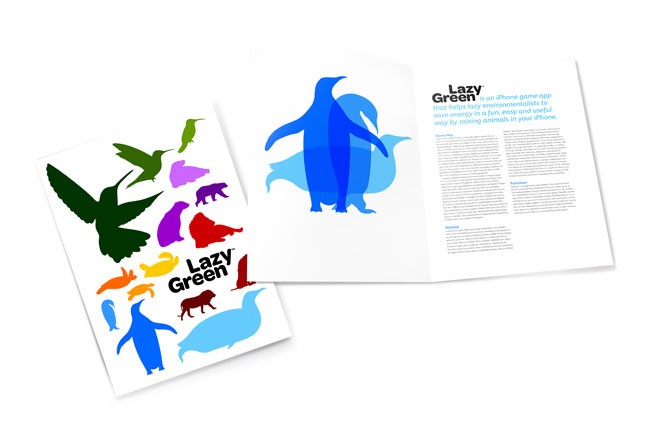 The image shows an open book titled "Lazy Green" lying flat on a white surface. The left page displays a colorful illustration of various animal silhouettes, including a green bird, a purple bear, a red panda, and others. The right page contains text that describes the app, stating it is an iPhone game app that helps lazy individuals save energy in a fun and useful way by raising animals in their iPhone. The text is organized into paragraphs. The background is white, and the book’s pages are white with black text.