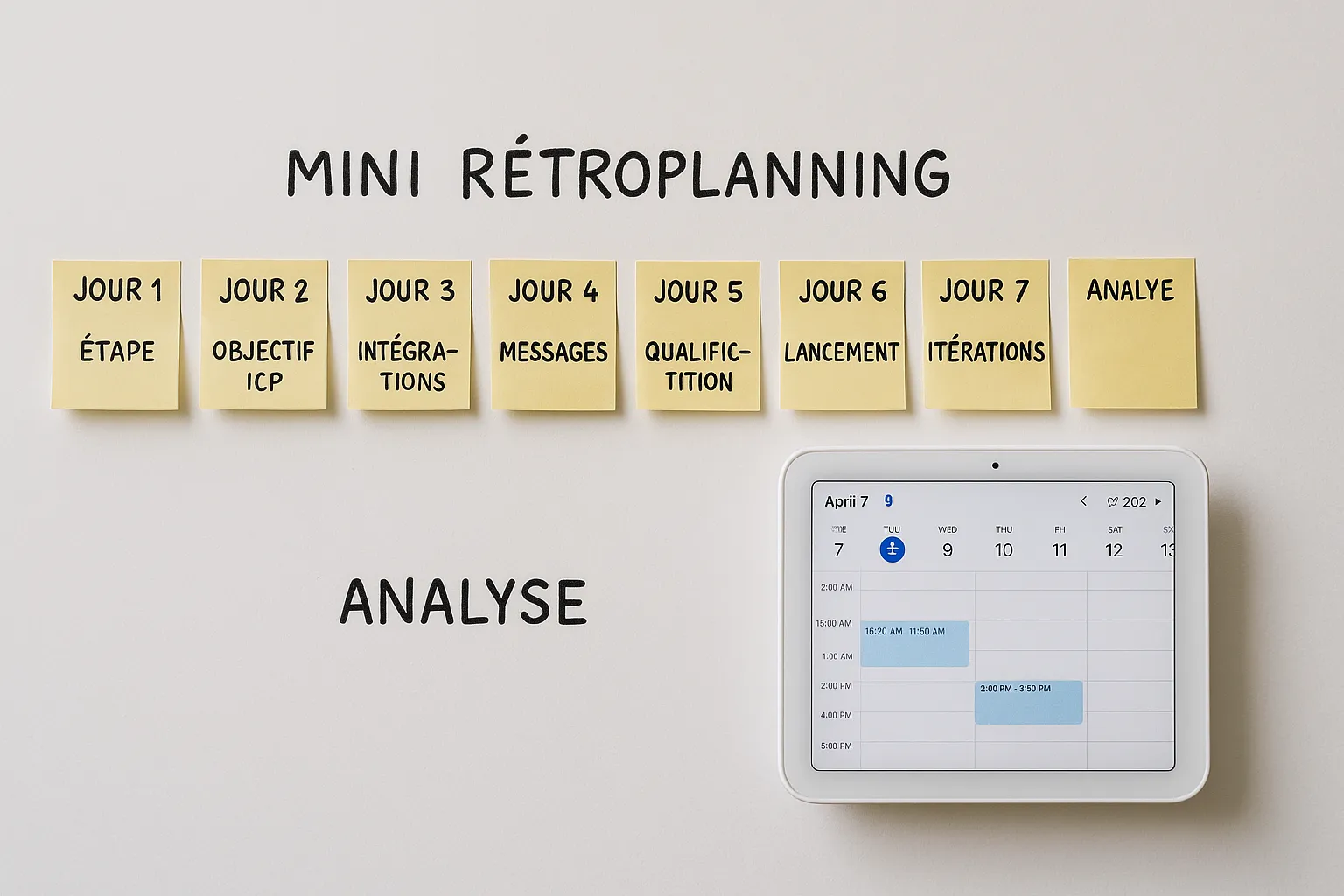 Un mini rétroplanning sur 7 jours, avec chaque journée décrivant une étape, objectif ICP, intégrations, messages, qualification, lancement, itérations, analyse, illustré sur un tableau blanc avec post-its et un calendrier connecté.