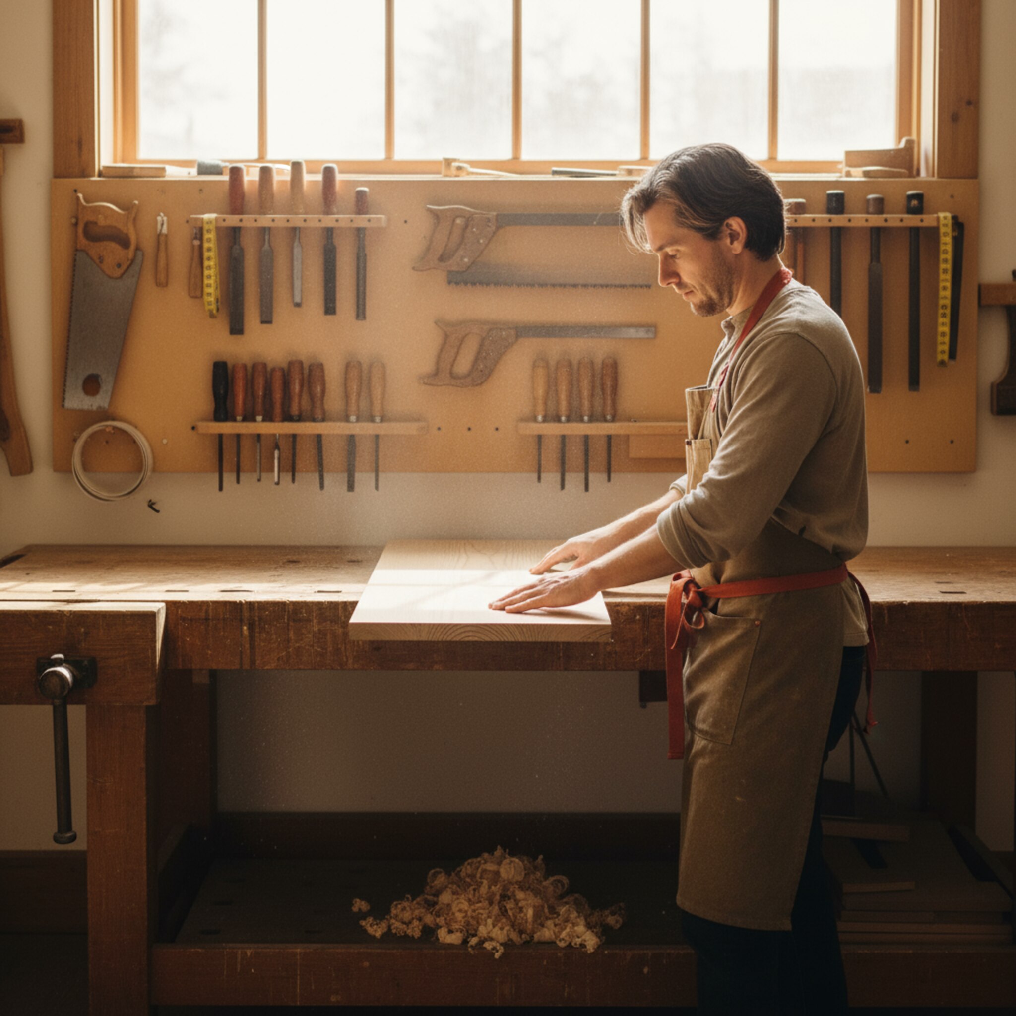 In einer hellen Holzwerkstatt richtet eine Person behutsam ein frisches Birkenbrett auf der Werkbank aus, feine Staubpartikel schweben im Sonnenlicht. An der Wand hängen geordnete Handwerkzeuge, auf dem Boden liegen sauber aufgeräumte Späne. Ein ruhiger Moment der Konzentration, bevor die erste präzise Sägeführung beginnt.