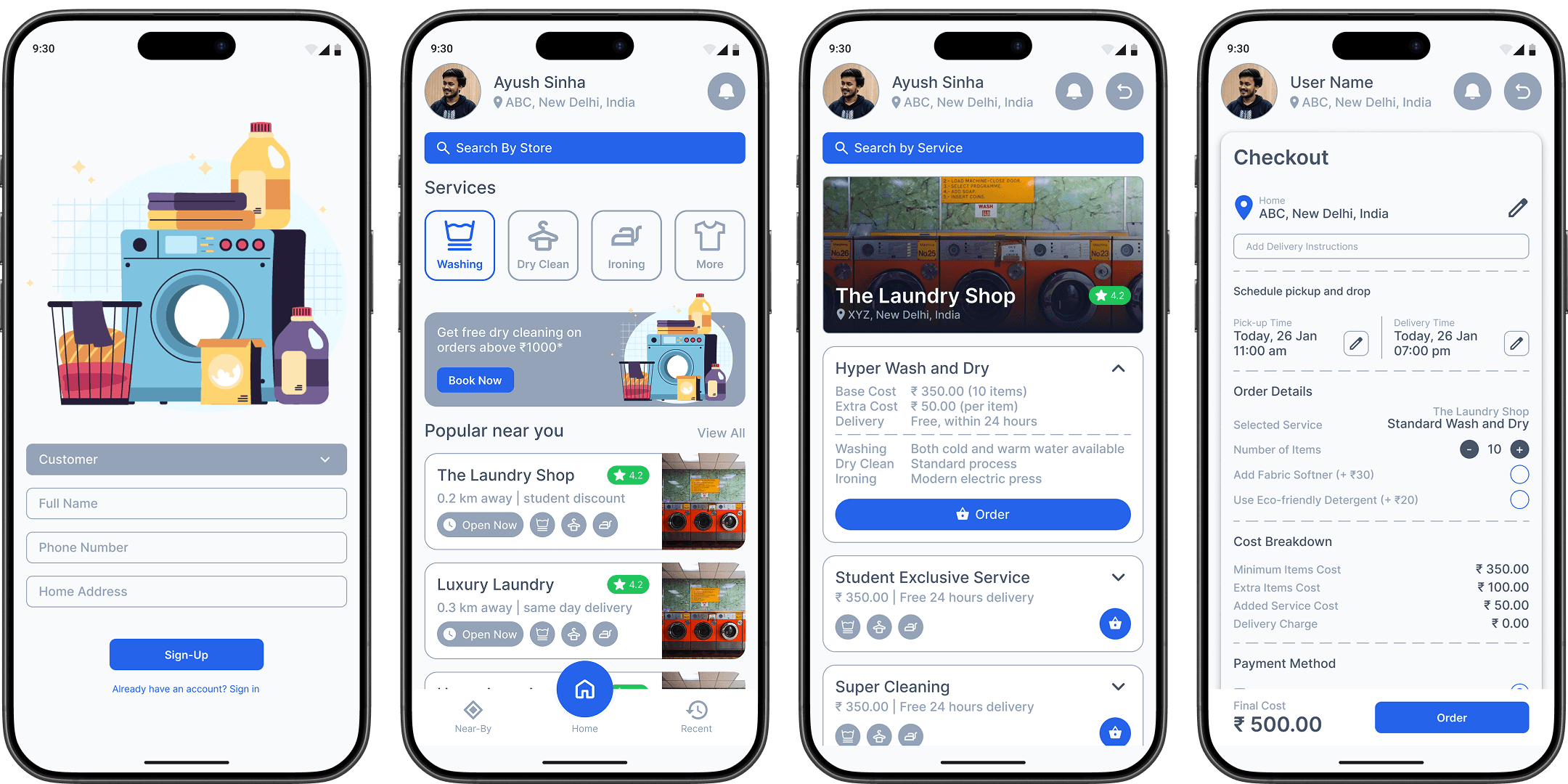 Sign-up Screen, Home Screen, Services Screen and Payment Screen