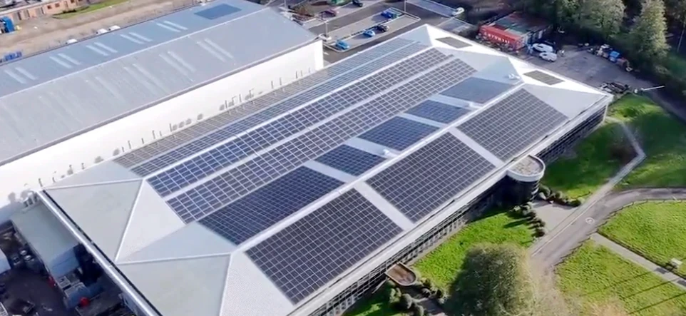 Aerial view of a large commercial solar installation