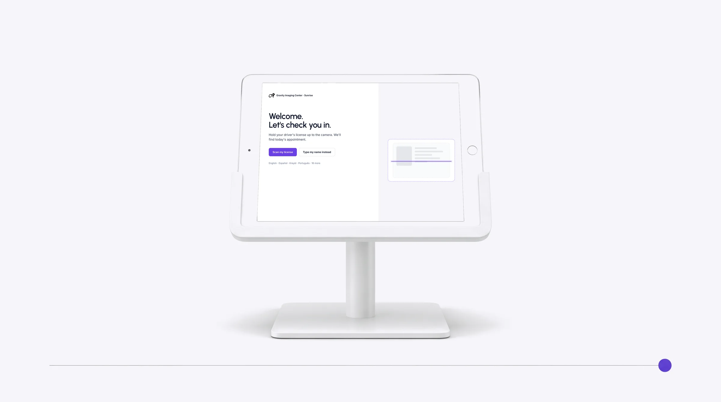Gravity Greeter on a lobby tablet: Welcome. Let’s check you in, with Scan my license and Type my name instead