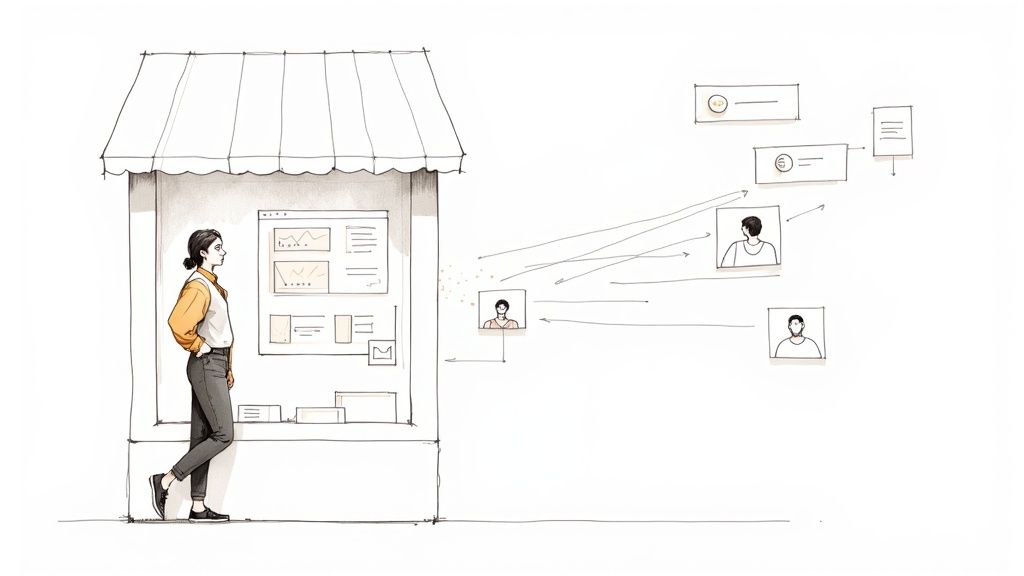 A woman interacts with a business dashboard, visualizing customer data and website flow.