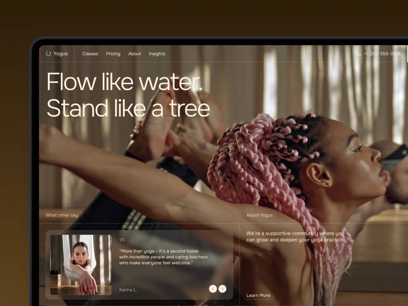 Yogus yoga studio website template designed in Framer