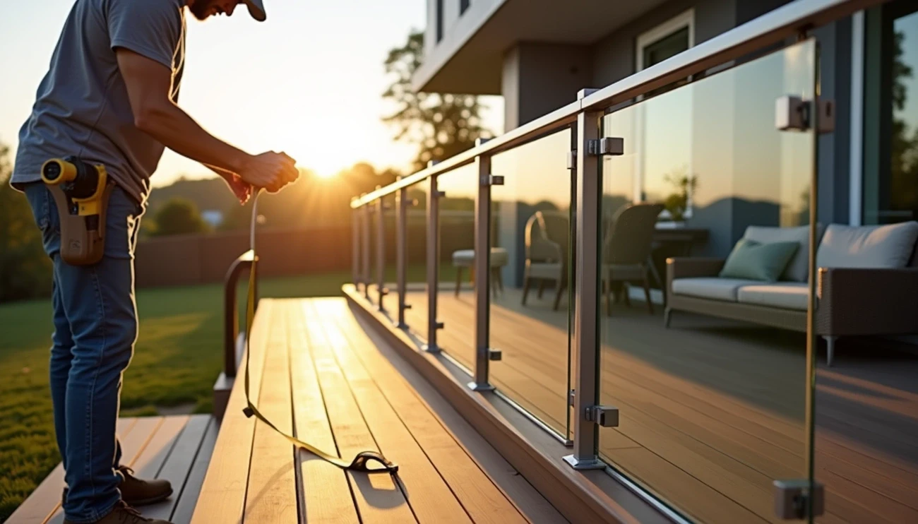 Homeowner measuring glass railing height on a deck at sunset for safety and design accuracy.