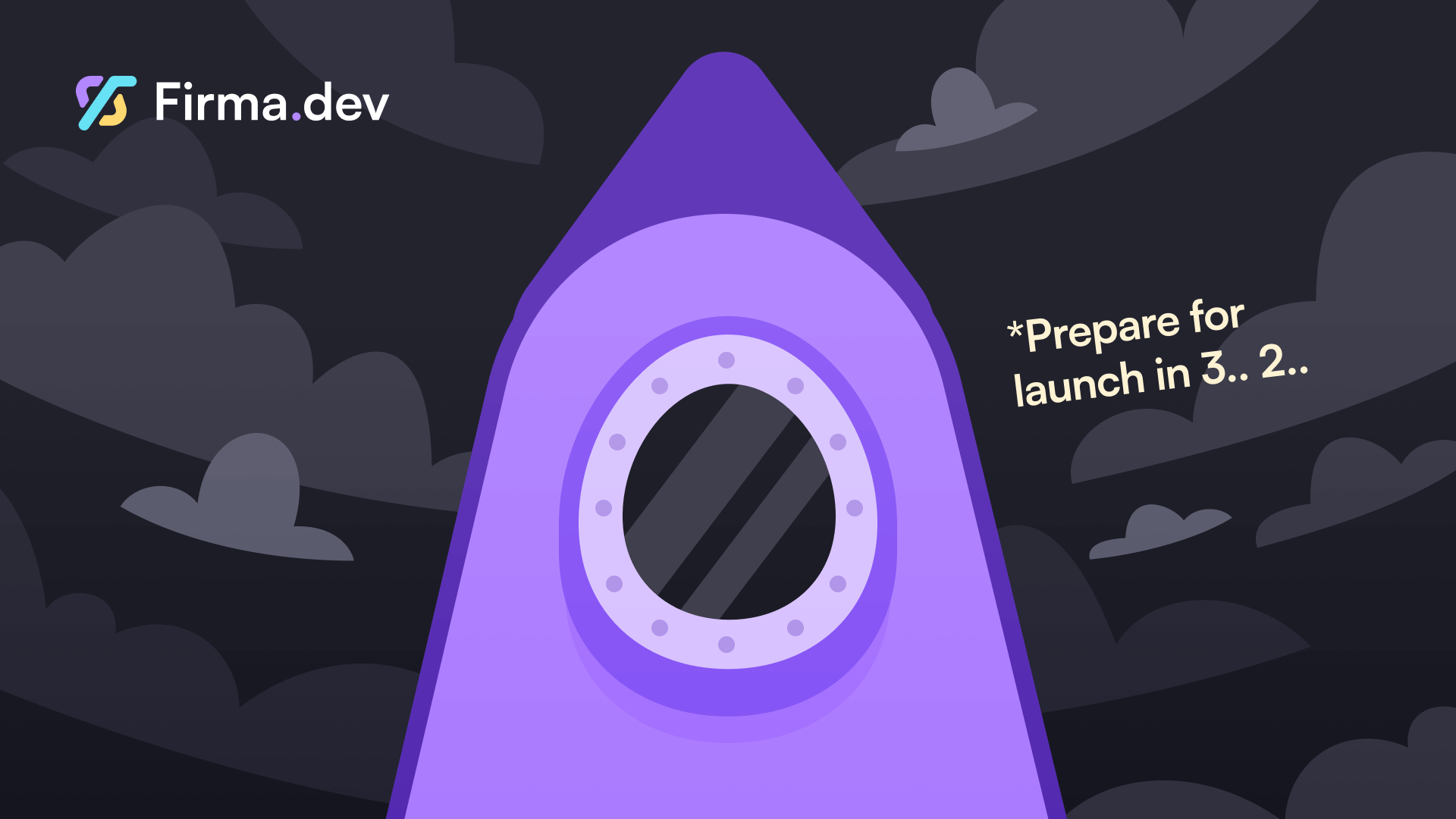 Un cohete morado con una ventana circular está colocado contra un cielo oscuro y nublado. El texto dice "Prepárate para el lanzamiento en 3... 2...", transmitiendo anticipación. Logo en la esquina.