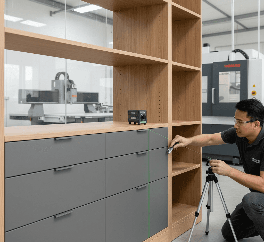 A modern house with large windows and a flat roof, surrounded by greenery against a clear blue sky.