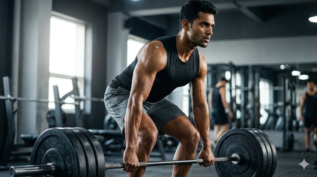 A indian man in his late 20's doing deadlift in a modern gym.