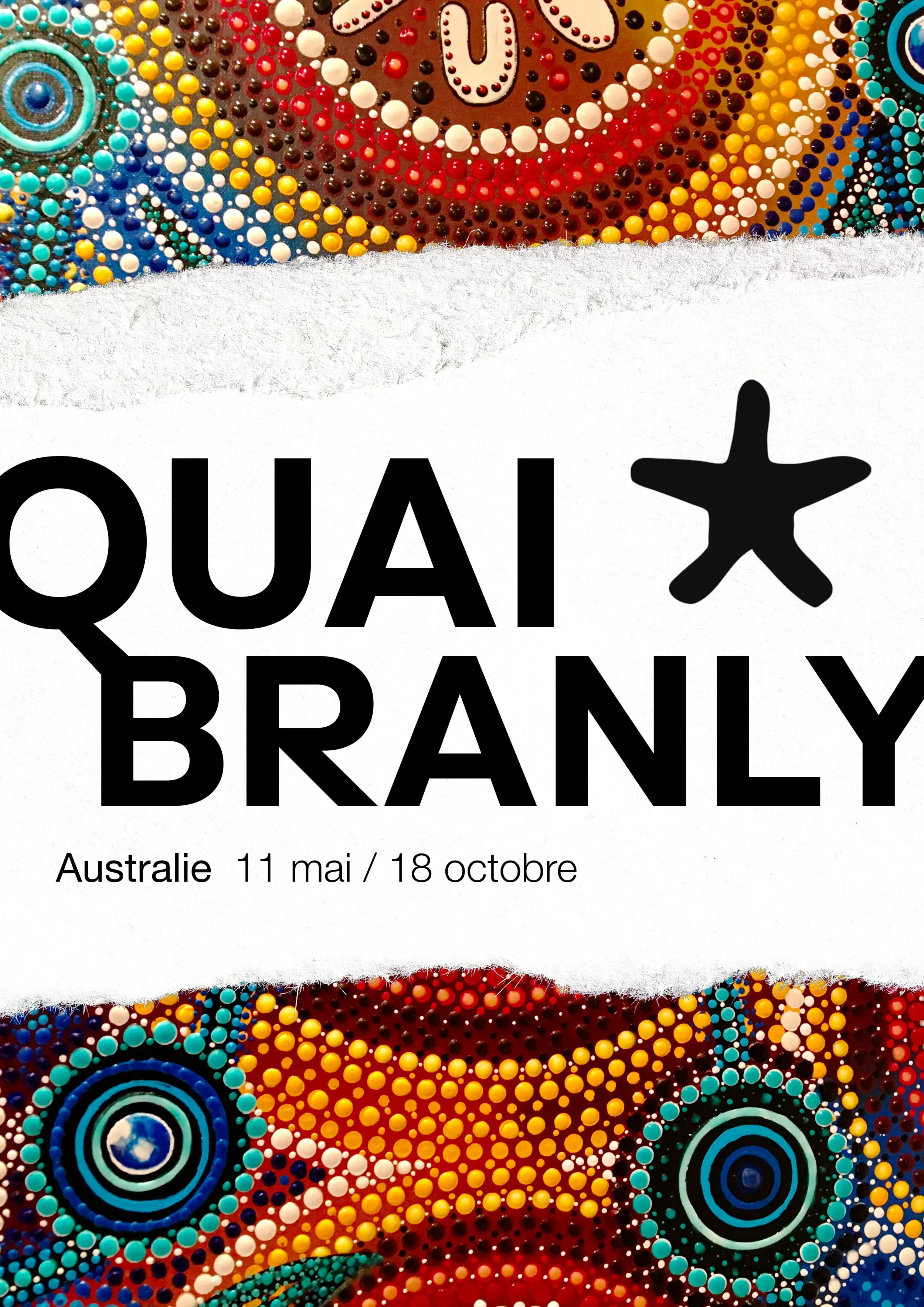 Affiche du quai Branlty mettant en scène une déchirure du papier de l'affiche, permettant d'entrer à travers le papier directement dans l'exposition