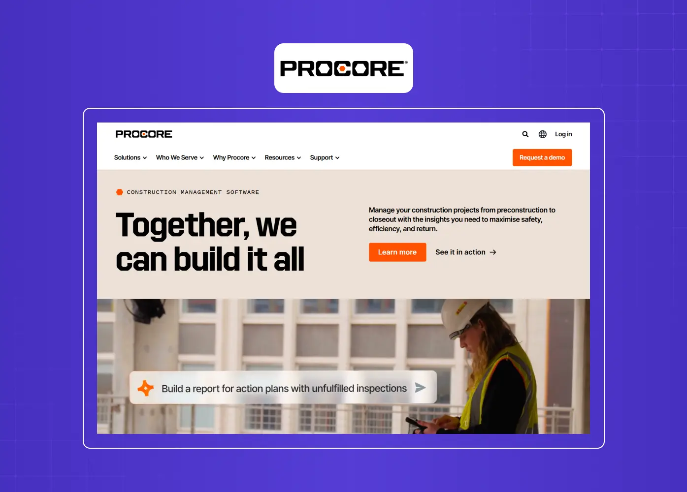 Homepage of Procore showcasing construction management software with bold typography, clear messaging, and industry-focused visuals.