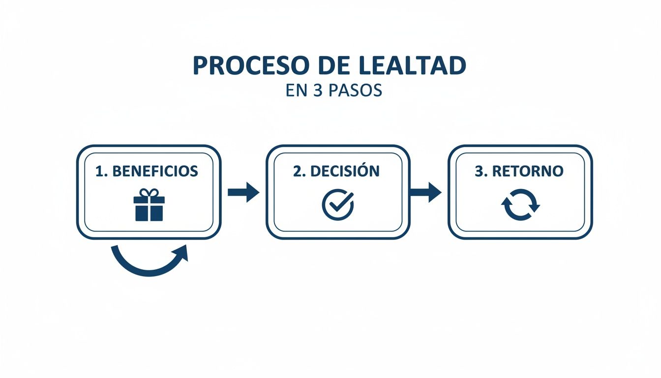 Diagrama de flujo del proceso de lealtad en 3 pasos: beneficios, decisión y retorno continuo.