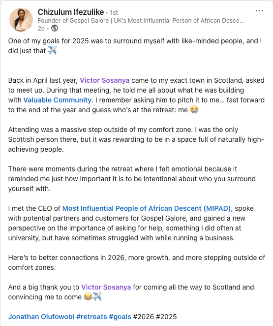 Screenshot of positive LinkedIn feedback about The Valuable Retreat event.